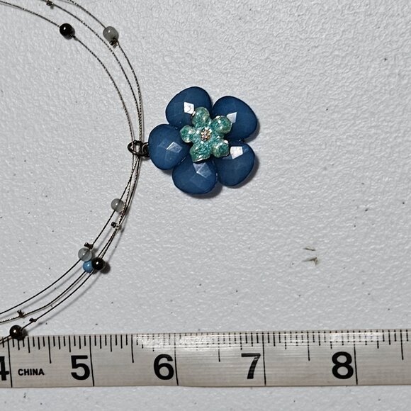 Vintage Blue Floral Pendant Black Glass Beaded Multi Strand Wire Necklace Women - Picture 6 of 6